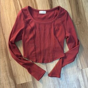 Altar'd State Red Ribbed Long Sleeve Crop Blouse